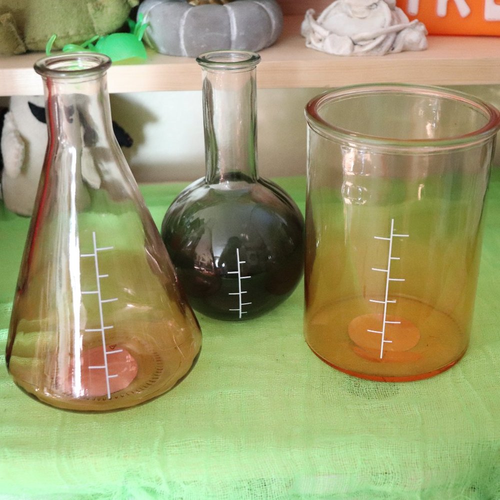 3 Large Halloween Glass Bottles - Mad Scientist Flasks Beakers *Thick Glass*